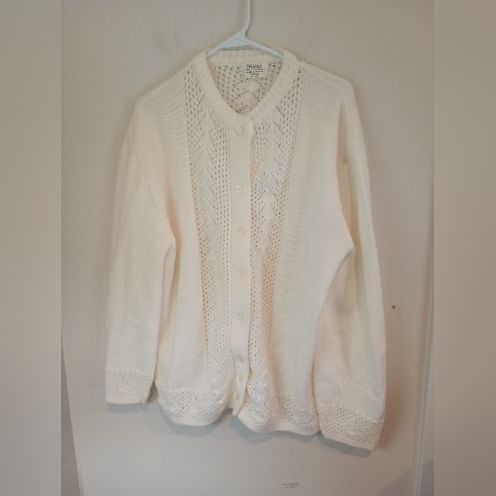 Wintuk Orlon Acrylic Button Front Cardigan Sweater Cream Ivory Knit Vintage